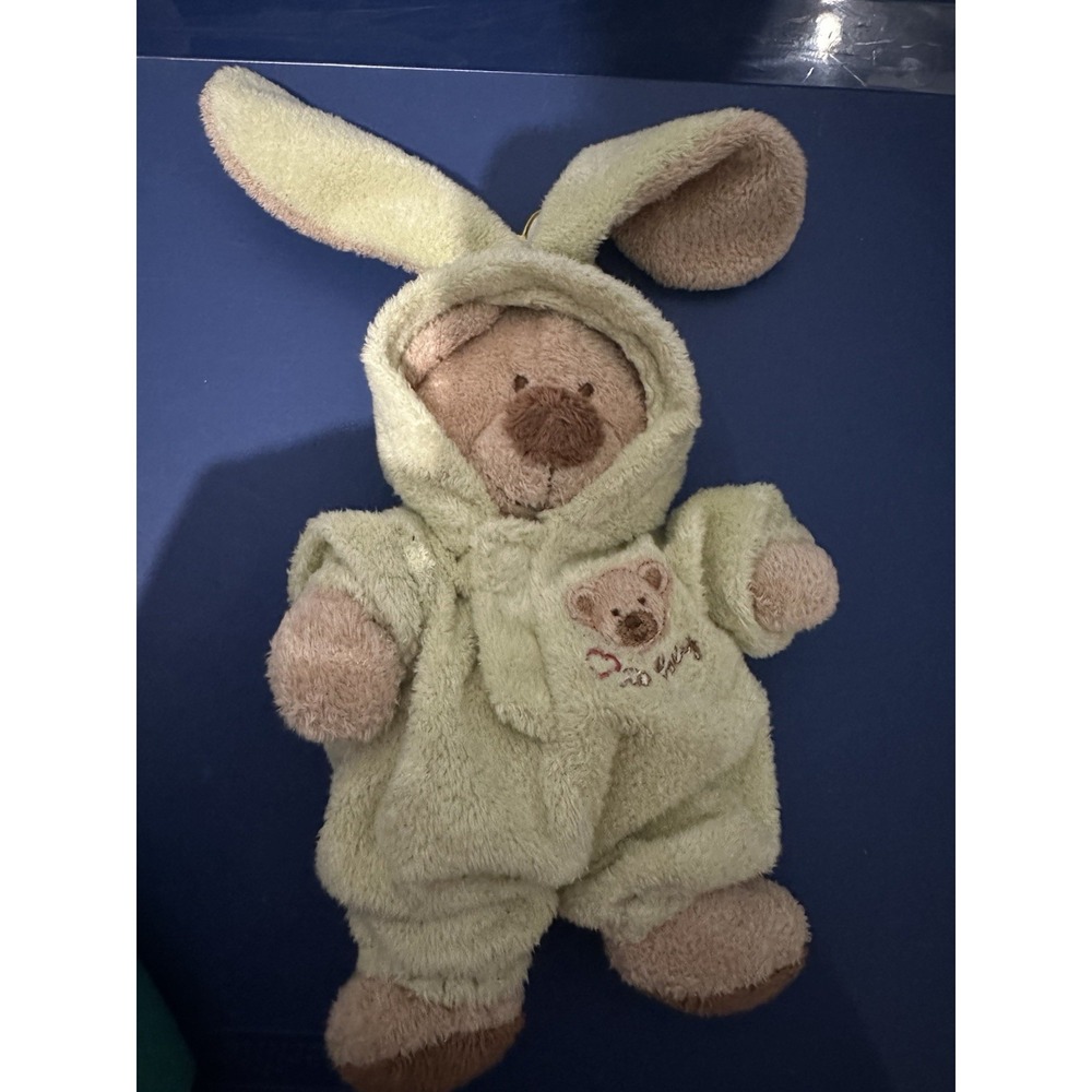 2004 Ty Pluffies Love To Baby PJ Bear 7" Tan Plush Removable Green Bunny Suit
